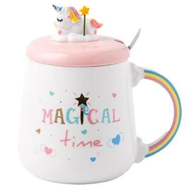 Imagem de Caneca de unicórnio com tampa de colher, estilo nórdico, caneca de leite infantil de cerâmica, xícara de chá, presente, escritório, casa (tempo mágico de unicórnio, 400 ml)