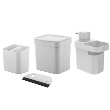 Imagem de Kit Cozinha Dispenser Detergente Porta Esponja Rodinho Lixeira 2,5L Pia Escorredor Talheres - Ou