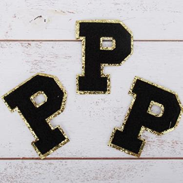 Imagem de Pacote com 3 adesivos universitários de chenille para passar a ferro - tecido de chenille preto com acabamento dourado - Costurar ou passar a ferro - 8 cm de altura