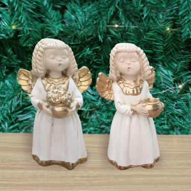 Imagem de Par De Anjos De Gesso Branco Com Dourado Estátua Decorativa