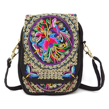 Imagem de Bolsa tiracolo bordada à mão estilo étnico Honbay Yunnan Mini bolsa flip de lona bolsa de ombro para mulheres e meninas