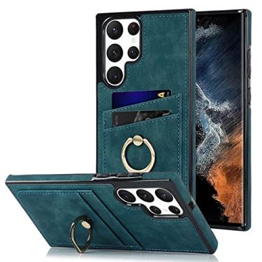 Imagem de DENSUL Capa carteira para Samsung Galaxy S22/S22 Plus/S22 Ultra, capa de anel giratório, capa traseira de couro PU slots para cartão capa à prova de choque com borda TPU macia, azul, S22 Plus 6,6 polegadas