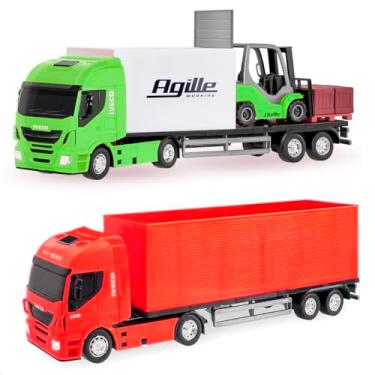 Imagem de Kit com 2 Caminhões de Brinquedo Realistas Hi-Way que Abrem o Baú com Empilhadeira Faz de Conta Infantil