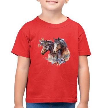 Imagem de Camiseta Algodão Infantil Casal De Cavalos E Flores - Foca Na Moda