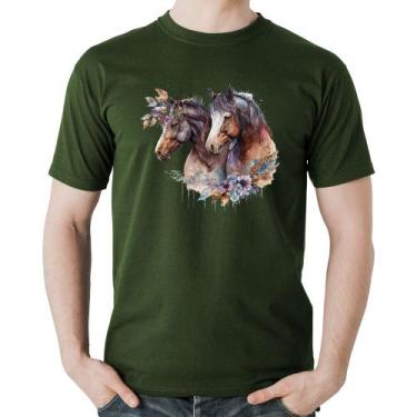 Imagem de Camiseta Algodão Casal De Cavalos E Flores - Foca Na Moda