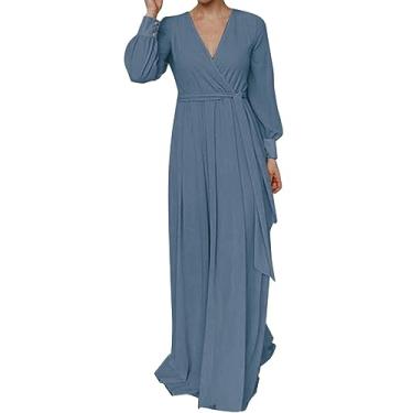 Imagem de UIFLQXX Vestido longo feminino plus size outono manga longa cor sólida decote em V vestido de noite com cinto, Azul claro, G