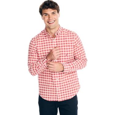 Imagem de Nautica Camisa masculina de manga comprida e botão frontal resistente a rugas, Coral xadrez grande., XXG