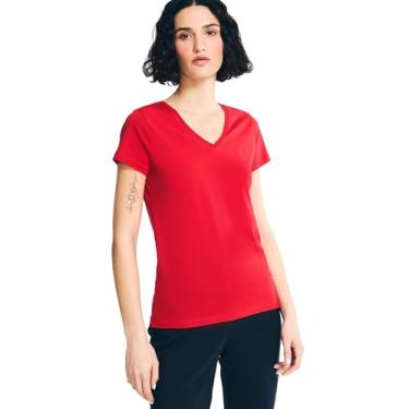 Imagem de Nautica Camiseta feminina de algodão elástico supermacia com decote em V e conforto fácil, (Coleção de algodão 2024) Tomales Red, PP