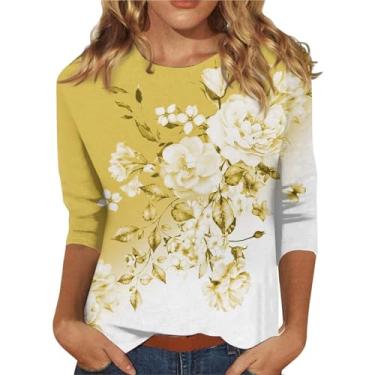 Imagem de Camisetas femininas de manga 3/4 com estampa floral 2024 camiseta casual macia túnica moderna blusa básica leve, Amarelo, XG
