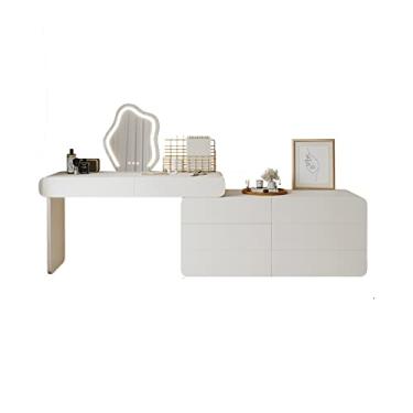 Imagem de Mesa de vestir branca, conjunto de penteadeira com espelho, penteadeira com 6 gavetas deslizantes, mesa de maquiagem de quarto moderna para mulheres e meninas (tamanho: 130 cm)