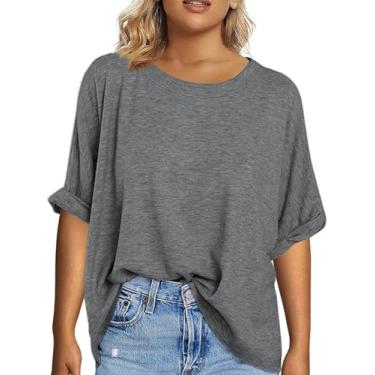 Imagem de Tankaneo Camisetas femininas plus size manga curta verão gola redonda grandes camisetas casuais soltas túnica básica (GG-5GG), Cinza escuro, GG Plus Size