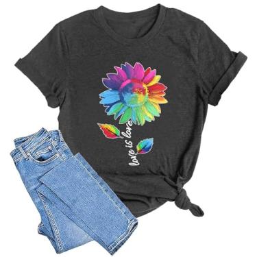 Imagem de Camisetas femininas com estampa de flores de girassol camisetas inspiradoras casuais Faith Shirt Tops, Flor cinza escuro, M