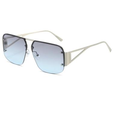 Imagem de BAWUYI Óculos de sol aviador quadrados retrô para homens mulheres UV400 óculos vintage óculos grandes de metal sem aro, Armação prateada, lente azul cinza
