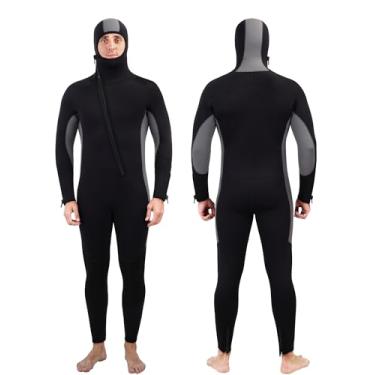 Imagem de REALON Roupa de mergulho masculina de 5 mm, roupa de mergulho completa, com zíper frontal, capuz, snorkel, surf, caiaque, canoagem, água fria, roupas molhadas