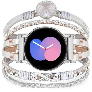 Imagem de KOREDA Pulseira feminina Boho com contas para Samsung Galaxy Watch 6 5 4 mm e 44 mm, Galaxy Watch 6 4 Classic de 42 mm, 46 mm, 43 mm e 47 mm/Galaxy Watch 5 Pro de 45 mm, pulseira de couro de 20 mm