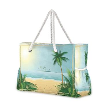 Imagem de Sacolas de praia grandes sacola de lona bolsa de ombro Sealives Sea World Sacos resistentes à água para academia viagens diárias, Coqueiros de praia no mar do Havaí, One Size