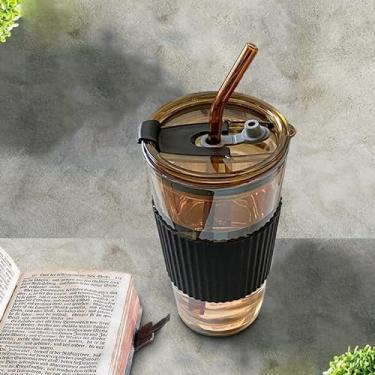 Imagem de RYUHYF Copo de canudo de vidro âmbar com tampa, 473 ml, parede dupla, reutilizável, conjunto de 1