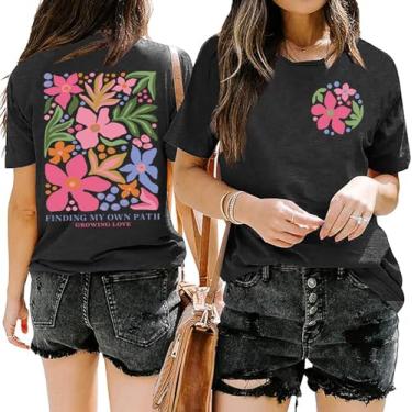 Imagem de Camisetas femininas de flores silvestres com estampa floral para verão casual com flores, Cinza escuro, P