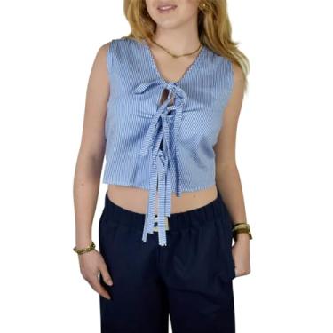 Imagem de Lairauiy Camiseta regata feminina casual verão cor sólida/estampa listrada colete básico sem mangas para streetwear, Azul, G