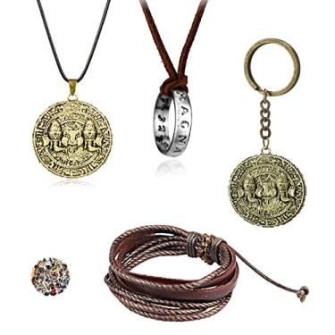 Imagem de HJYZY 29 peças Uncharted 4 Drake Jewelry Ring Pendant Necklace Gravado Caveira Ouro Moeda Pingente Colar Chaveiro Conjunto de Adesivos Couro Marrom Pulseira Masculina, Zinco, Sem Pedra Preciosa