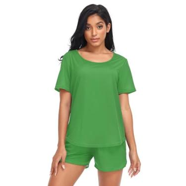 Imagem de CHIFIGNO Conjunto de pijama feminino, conjunto de pijama de verão de 2 peças, conjunto de pijama fofo de manga curta, conjunto de shorts P-2GG, Verde floresta, P