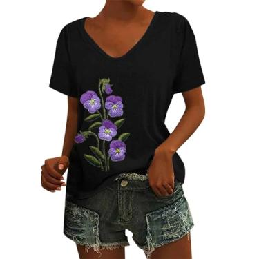 Imagem de Camisetas femininas de conscientização de Alzheimers, gola V, manga curta, estampa floral, roxa, camiseta moderna básica, Preto, XXG