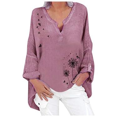 Imagem de Camisa feminina de algodão e linho, gola Henley, blusa grande, estampada, manga comprida, boho, camisa casaul, Roxa, 3G