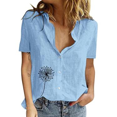 Imagem de Camisas de linho femininas de algodão com botão de manga curta, casual, gola solta, camisa macia para praia de verão, Azul, M