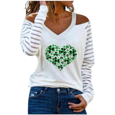 Imagem de Nagub Camiseta feminina St Patricks Day, manga comprida, gola V, verde trevo, ombros de fora, listrada, camisas elegantes túnicas, Amor, 3G