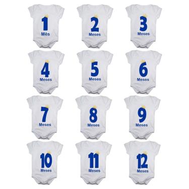 Imagem de Kit body bebê mesversario manga curta estampa números menino 12 bodies 1 a 12 meses