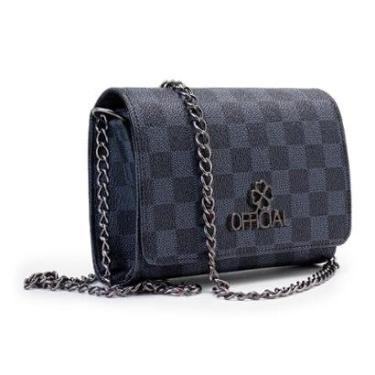Imagem de Bolsa Feminina Baú Xadrez Média Azul com Corrente Prateada-Feminino