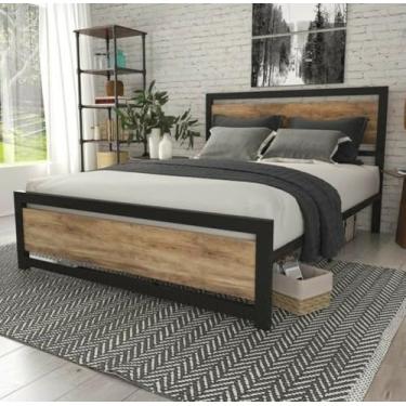 Imagem de Cama de casal com MDF aço/ferro/MDF estilo industrial mobbili CA-02 (Cor do MDF: Madeira Branca, Cor da estrutura: Alumínio)