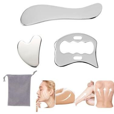 Imagem de BGerRit Conjunto de ferramentas de metal Gua Sha, ferramentas de guasha corporal de aço inoxidável, fisioterapia de tecido macio, conjunto de raspador muscular 3 em 1 para massagem de rosto, braços,