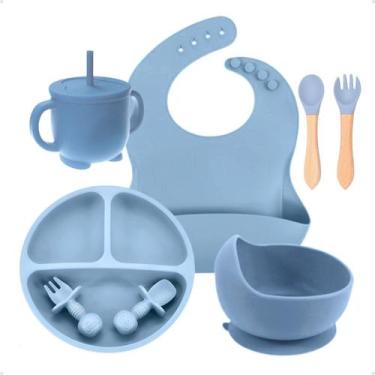 Imagem de Kit Refeição Bebê Prato Babador Copo Talher Silicone Ventosa - Bruartt