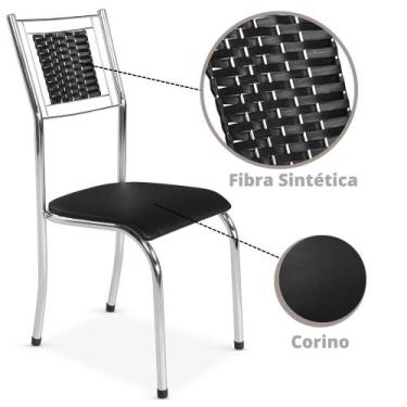 Imagem de Cadeira Jantar Moderna Belize Cromada Preto Aço Junco Cozinha Sala Res