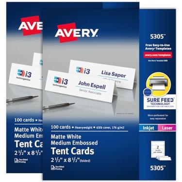 Imagem de AVERY Cartões de Barraca Imprimíveis com Tecnologia Sure Feed, 2,5" X 8,5", Borda em Relevo, Laser/Jato de Tinta, Pacote de 2, 100 Cartões Por Pacote, 200 Cartões No Total (25305)