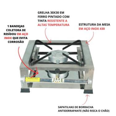 Imagem de Fogão Mesa 30x30 1 Boca 100% Inox Alta Pressão - JME METAL