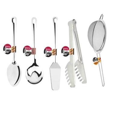 Imagem de Kit Utensilios Para Cozinhar 5 Pecas - Jogo inox Conjunto - Peneira - 