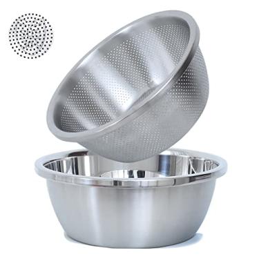 Imagem de Escorredor microporoso de aço inoxidável 304, grande capacidade de 1,5 L com tigela de mistura para lavar legumes, frutas e arroz e para drenar macarrão cozido. (2 peças) (1,5 QT)