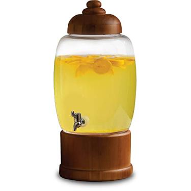 Imagem de UEB Jarra de madeira para chá de sol Mason Jar Dispensador de bebidas de vidro com suporte e tampa Jarra de vidro para água, suco, licor de vinho de cerveja, kombucha e bebidas frias, enorme capacidade de 10,1 ml, estilo de madeira