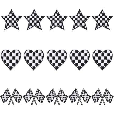Imagem de 15 peças de patch de corrida xadrez preto e branco, costurar a ferro na bandeira do coração, remendos de estrela bordados para chapéus, acessório DIY para roupas, chapéus, jaquetas, mochilas, calças