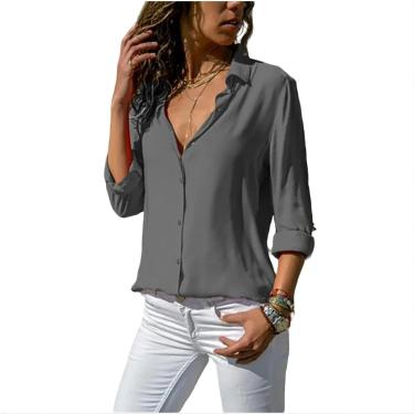 Imagem de Blusas femininas elegantes blusa de chiffon sólida primavera verão casual manga comprida gola em v camisa solta, cinza, 4xl