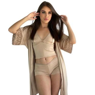 Imagem de Robe Com Renda Caimento Kimono Hobby Amarração - Charme Dela's, Bege, 