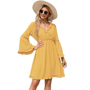 Imagem de KOJOOIN Vestido feminino de manga comprida com decote em V, manga de sino, evasê, minivestido rodado com babados, Amarelo, M