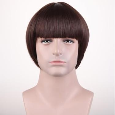 Imagem de MAGQOO Peruca de cogumelo curta masculina anos 60 anos 80 corte tigela perucas velho filme festa Halloween vetor fantasia anime peruca (marrom escuro)