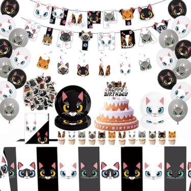 Imagem de Lousuip 137Pcs Decorações de Aniversário de Gato Suprimentos para Festa Temática de Gato-Banner Pratos Guardanapos Pendurados Redemoinhos Balões de Gatinho Bolo Cupcake Toppers Toalha de Mesa Adesivos