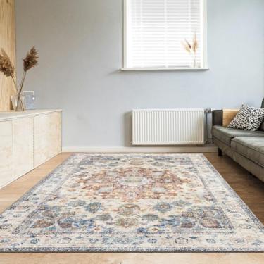 Imagem de Domitapis Tapete de área 5 × 7, tapete boho vintage, pilha baixa ultra-macia, lavável, antiderrapante, tapete resistente a manchas para sala de estar, quartos, sala de jogos, escritório, cozinha,