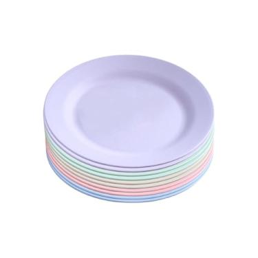 Imagem de Conjunto de 10 pratos de jantar de palha de trigo, pratos de sobremesa de plástico reutilizável de 25 cm, prato de servir plano redondo inquebrável para aperitivo de salada, massa de pizza, pode ser lavado na lava-louças (5 cores)