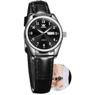 Imagem de OLEVS Relógio feminino de couro, pulseira de couro marrom, à prova d'água, analógico, delicado, feminino, para pulsos pequenos, fácil leitura, relógios de luxo para mulheres, números arábicos, branco