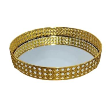 Imagem de Bandeja Decorativa Luxo Espelhada em Metal Redonda para Banheiro, Lavabo, Multiuso Casa (Palha Dourada)